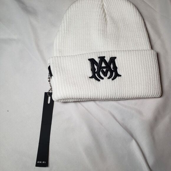 AMIRI White Ribbed Beanie with Black Logo - Picture 1 of 3